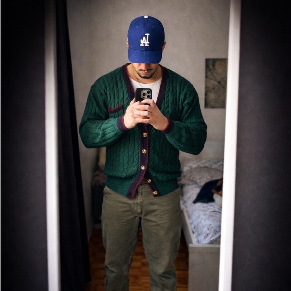 Vintage 1990’s Cable Knit Cardigan – Green with Red & Navy Trim (Club 1440 ) - Picture 5 of 5